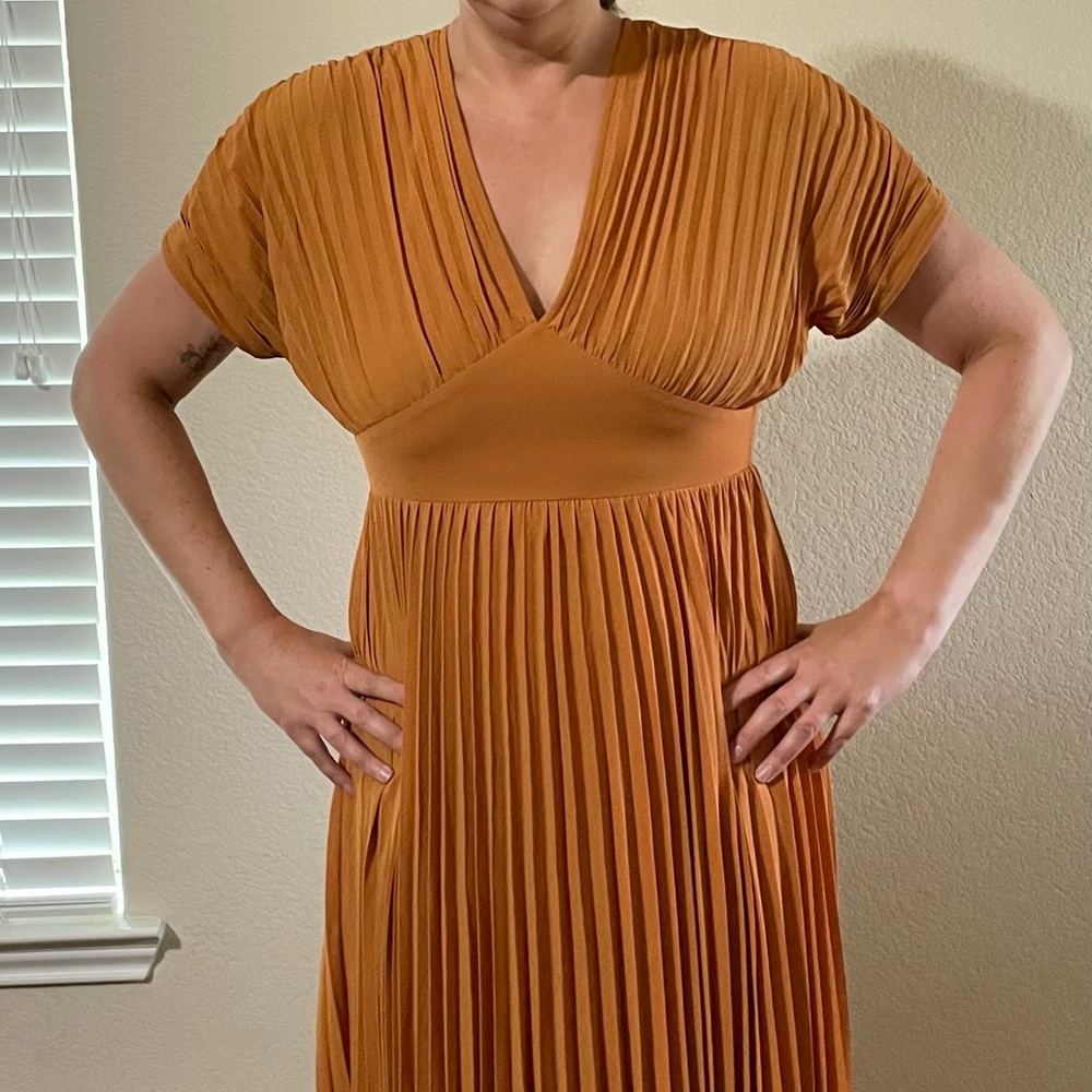 Gold tea length pleated vintage style dress!